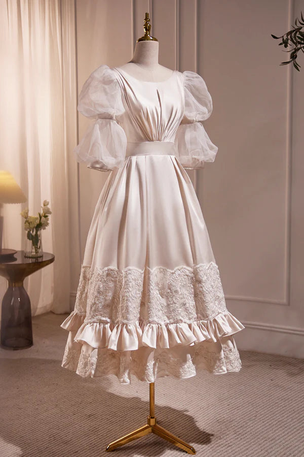 Wholesale Retro Scoop Neck Lace Tea-length Prom Dress A-Line Puffy Short Sleeve Party Dress